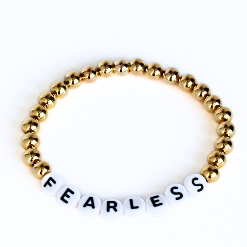 Fearless 6mm Personalized Gold Beaded Bracelet with White Letter Beads