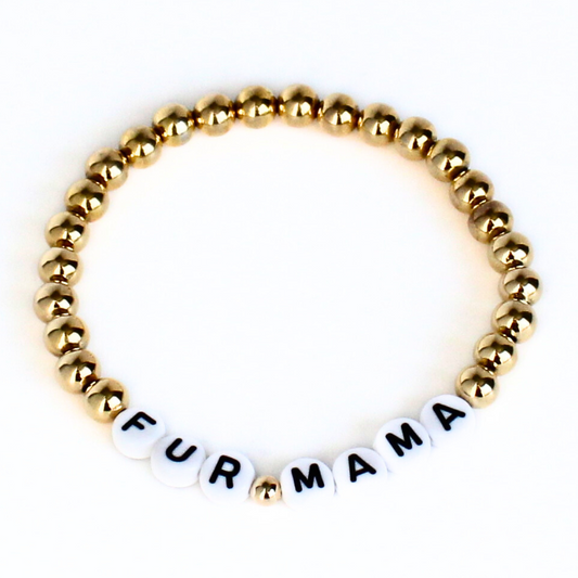 Fur Mama 6mm Personalized Gold Beaded Bracelet with White Round Letter Beads