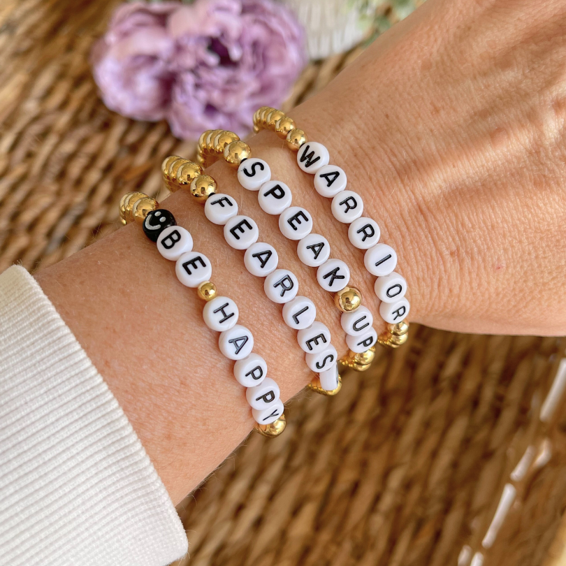 Fearless 6mm Personalized Gold Beaded Bracelet with White Letter Beads
