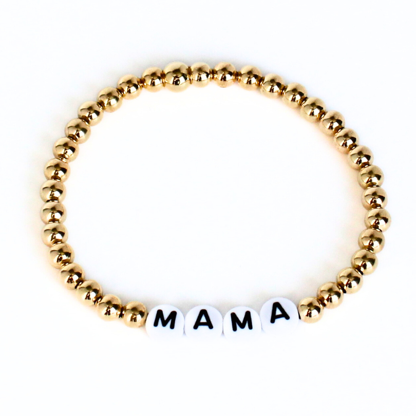 Mama 5mm Personalized Gold Beaded Bracelet with White Round Letter Beads