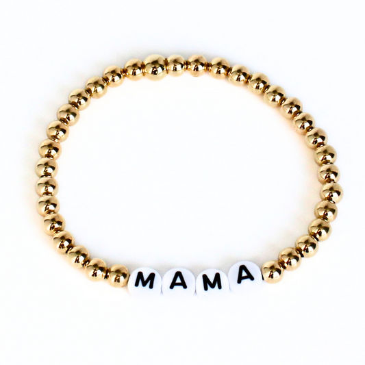Mama 5mm Personalized Gold Beaded Bracelet with White Round Letter Beads