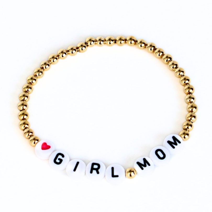 Girl Mom 4mm Gold Beaded Bracelet with White Round Acrylic Beads