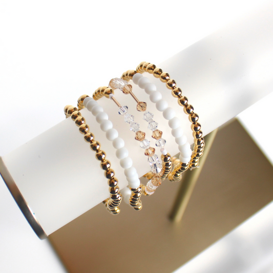 Dainty gold and white beaded friendship bracelet set