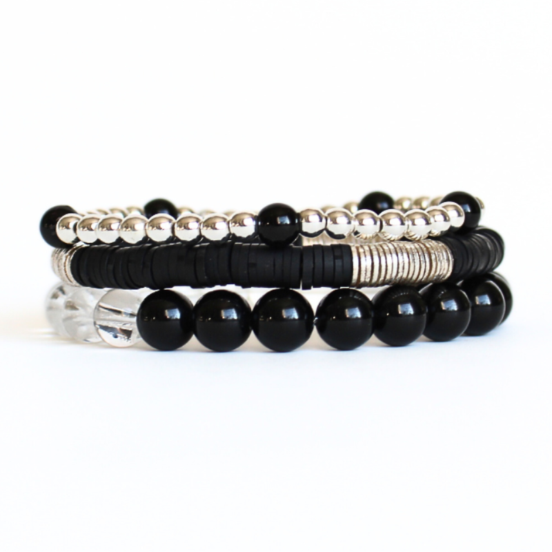 She Beads Stretch Black & White Clay Beaded Bracelet w/Sterling Silver (50%  Off)