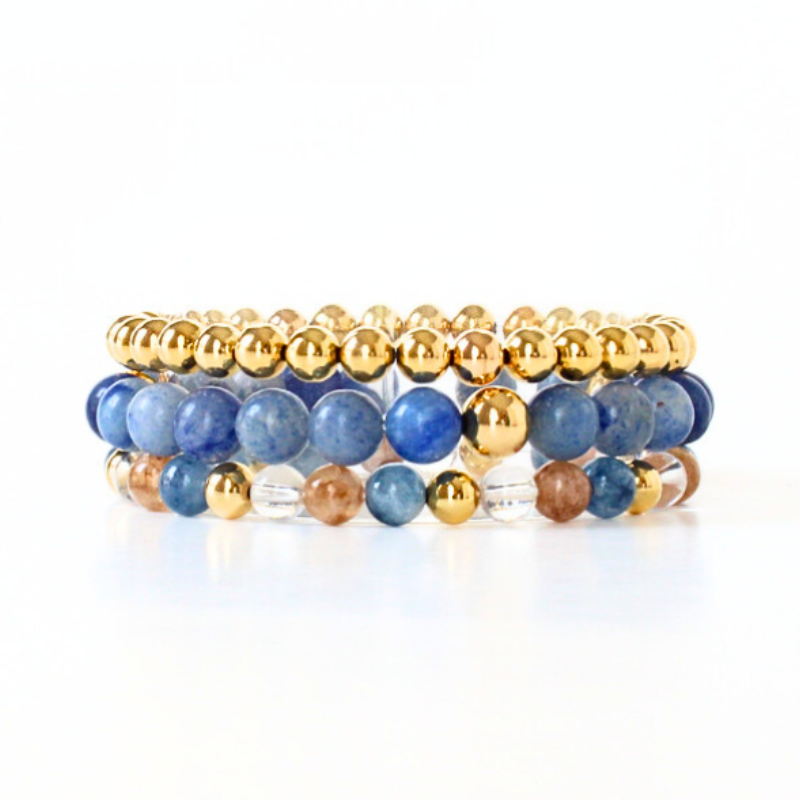 3-piece blue jade, clear quartz and gold-filled beaded bracelet set