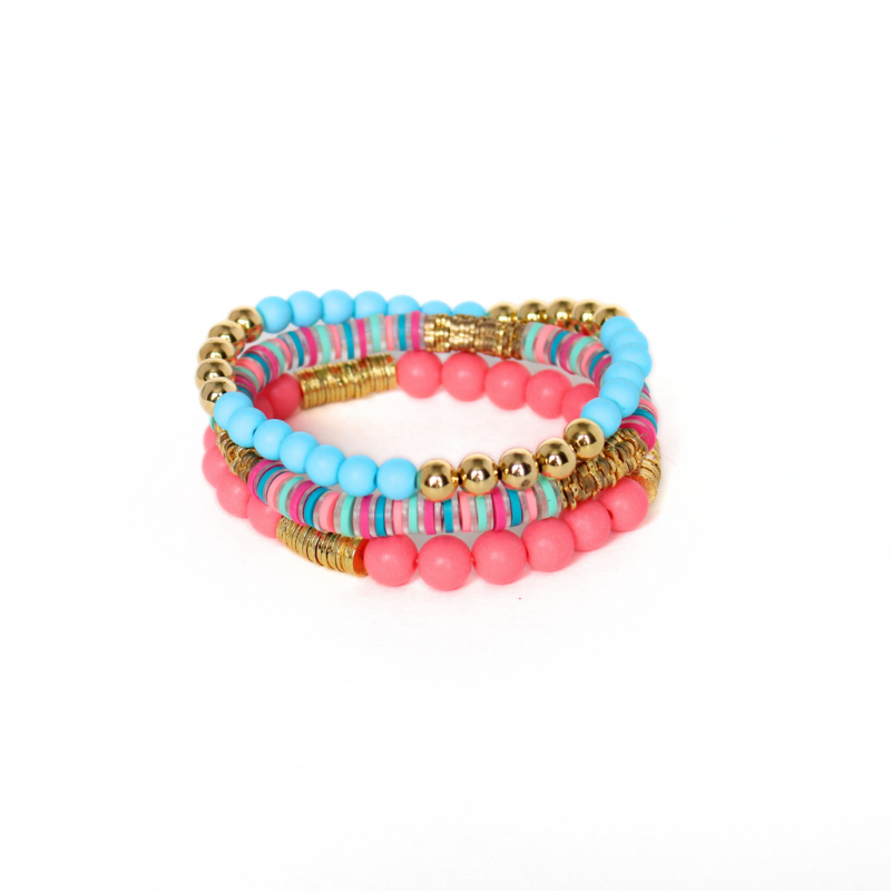 3-piece bracelet stack featuring bright blue and pink acrylic and polymer clay beads.