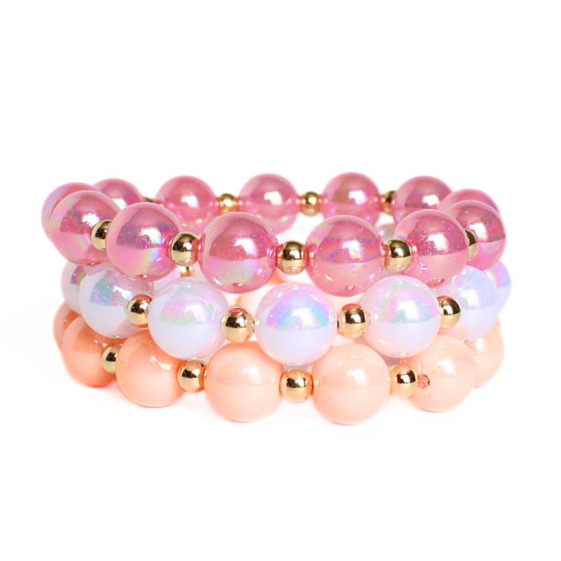 3-piece chunky acrylic beaded bracelet set. Designed with 12mm pink, white and peach iridescent acrylic beads. Between each acrylic bead is a 5mm 18k gold filled round bead