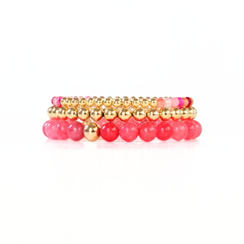 3-piece pink and gold beaded bracelet stack