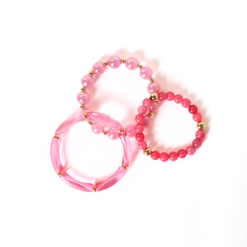 3-piece barbie pink bracelet stack with pink acrylic tube beads, 12mm iridescent round beads