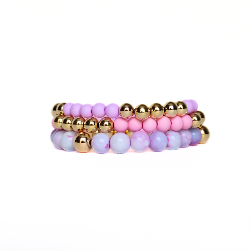 3-piece purple opal gemstone beaded bracelet with gold-filled beads. Also designed with pink and purple acrylic matte beads.