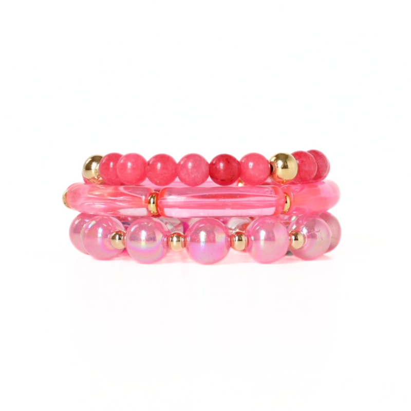 3-piece barbie pink bracelet stack with pink acrylic tube beads, 12mm iridescent round beads
