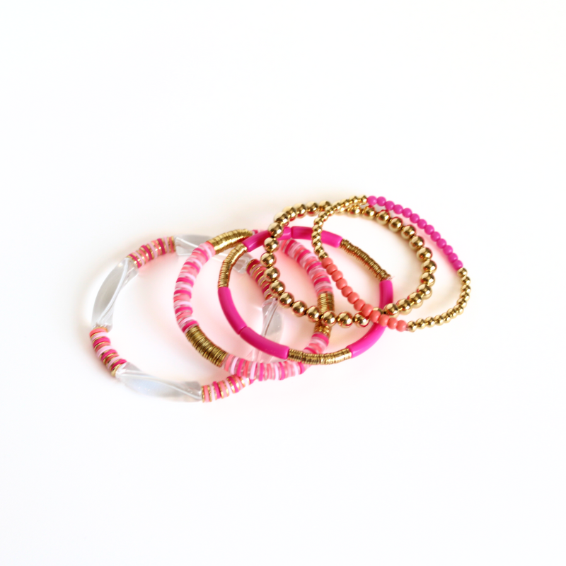 5-piece bracelet set with pink and gold beads