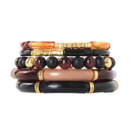 5-piece black and brown acrylic bracelet stack. Black and brown onyx and red's eye gemstone beaded bracelet with gold-filled round beads.