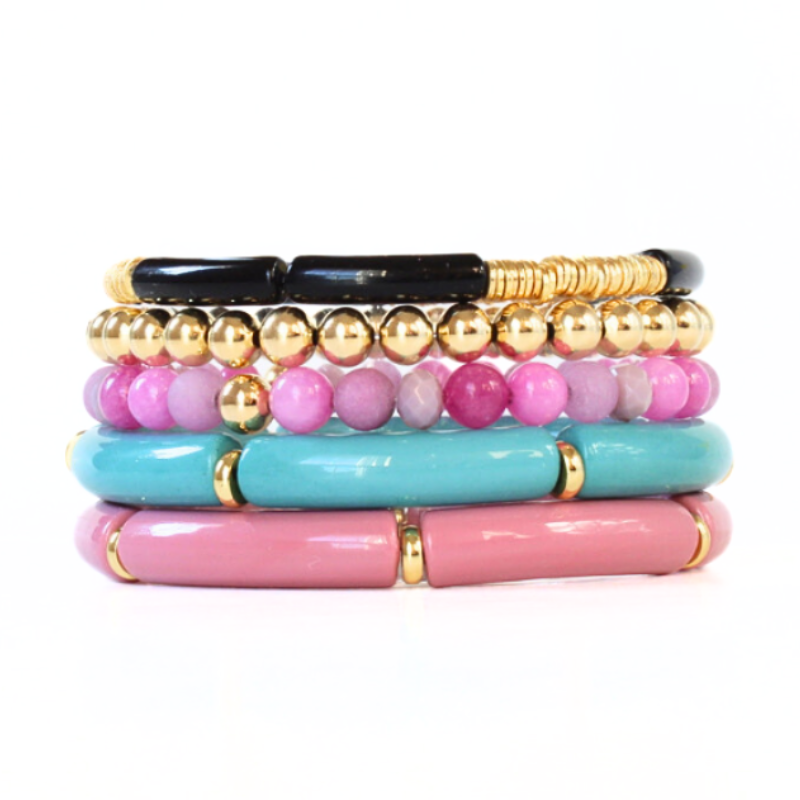 5-pece blue and mauve acrylic bangle bracelet set, a skinny acrylic bangle and gold-filled bracelet.