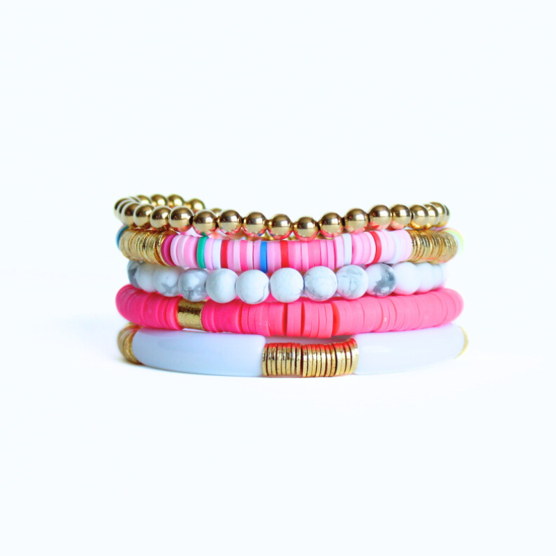 Pink Rainbow Polymer Bracelet with Gold Flats