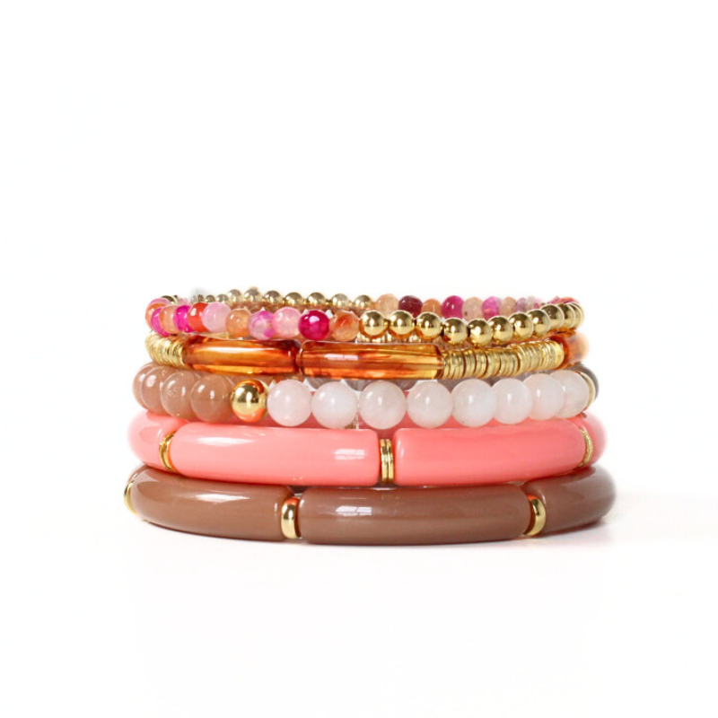 5-piece bracelet set with warm brown and pink colors.