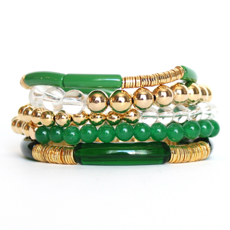 5-piece green beaded bracelet stack for women. Featuring acrylic, quartz and gold beaded stretch bracelets