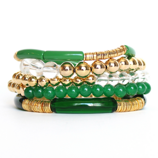 5-piece green beaded bracelet stack for women. Featuring acrylic, quartz and gold beaded stretch bracelets