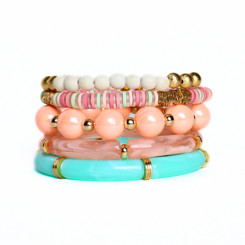 5-Peice bracelet set with 5 separate bracelet styles. Skinny 8mm aqua transparent acrylic tubes and gold flat beads, large peach acrylic round ball beads and 5mm 18k gold filled round beads, 8mm skinny peach marble tubes with flat gold wide beads, 4mm white acrylic round beads with 4mm 18k gold filled round beads and peach, and peach, aqua and clear polymer clay flats.