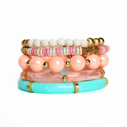 5-Peice bracelet set with 5 separate bracelet styles. Skinny 8mm aqua transparent acrylic tubes and gold flat beads, large peach acrylic round ball beads and 5mm 18k gold filled round beads, 8mm skinny peach marble tubes with flat gold wide beads, 4mm white acrylic round beads with 4mm 18k gold filled round beads and peach, and peach, aqua and clear polymer clay flats.