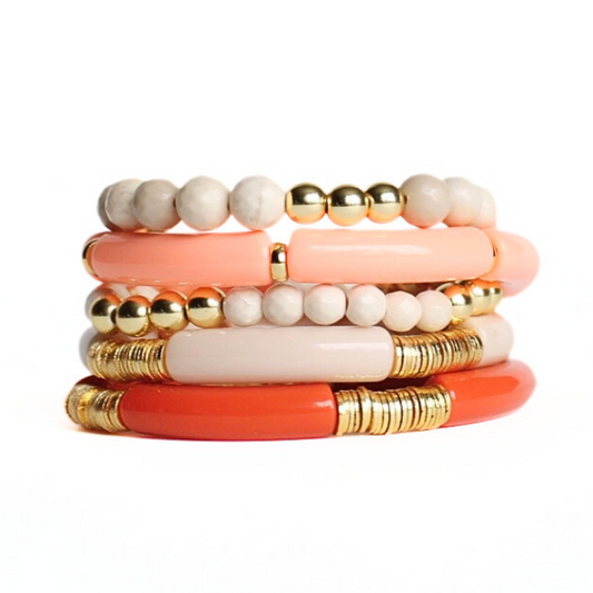 Fall themed bracelet stack made of fall colors-gold filled high quality round bracelet- Curved Acrylic bamboo beads with gold plated flat beads- 6mm riverstone gemstone beads with 6mm gold filled round beads - 8mm coral riverstone gemstone beads with 6mm gold filled round beads- Acrylic tube beads include burnt orange, cream and bright orange-fashion jewelry-stacking bracelets-