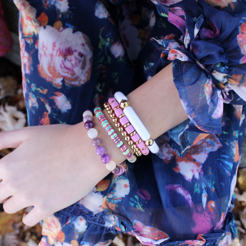 Five bracelet beaded stack with gold filled beads and gold plated beads-White acrylic bangle bracelet with gold filled beads-natural purple gemstones