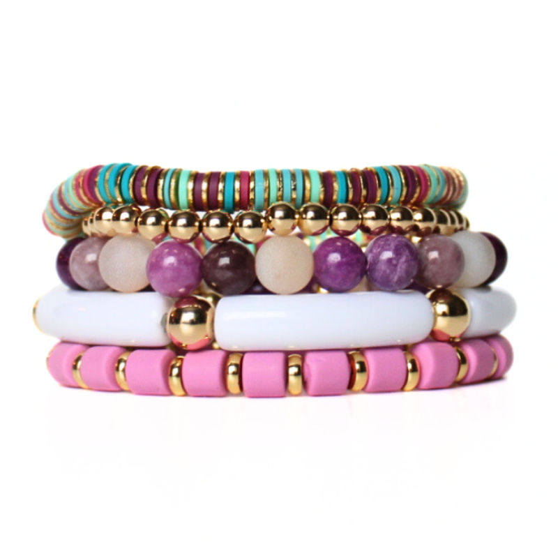 Five bracelet beaded stack with gold filled beads and gold plated beads-White acrylic bangle bracelet with gold filled beads-natural purple gemstones
