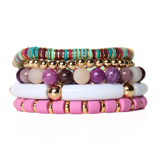 Five bracelet beaded stack with gold filled beads and gold plated beads-White acrylic bangle bracelet with gold filled beads-natural purple gemstones