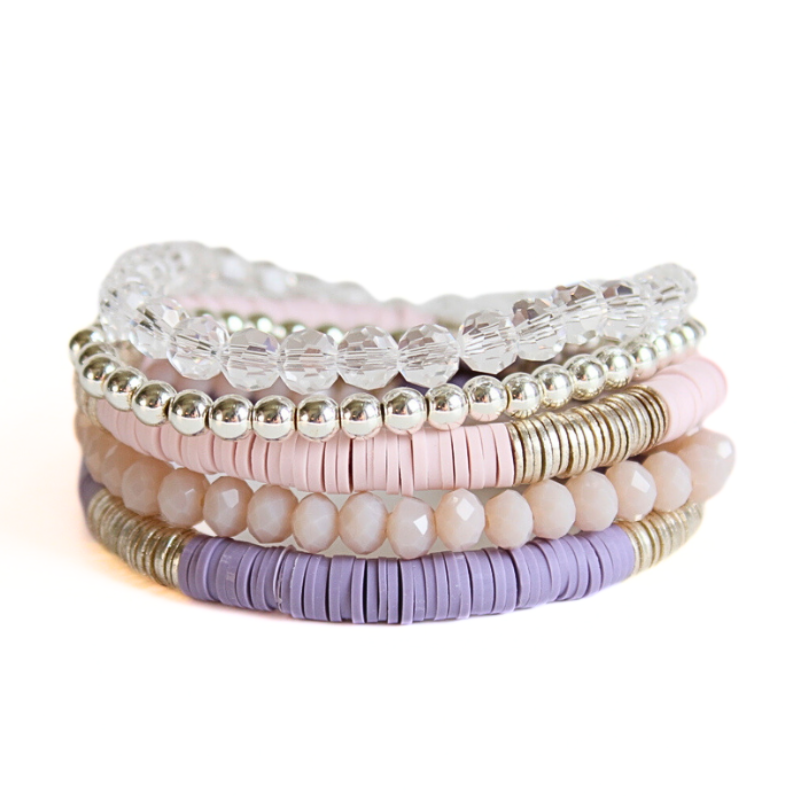 Bracelet Set includes five stretch bracelets-One 8mm clear faceted glass beaded bracelet-one 4mm silver plated beaded bracelet-pale purple polymer clay bracelet with silver plated flat beads-pale purple faceted crystal bracelet-purple polymer clay bracelet with silver plates flats