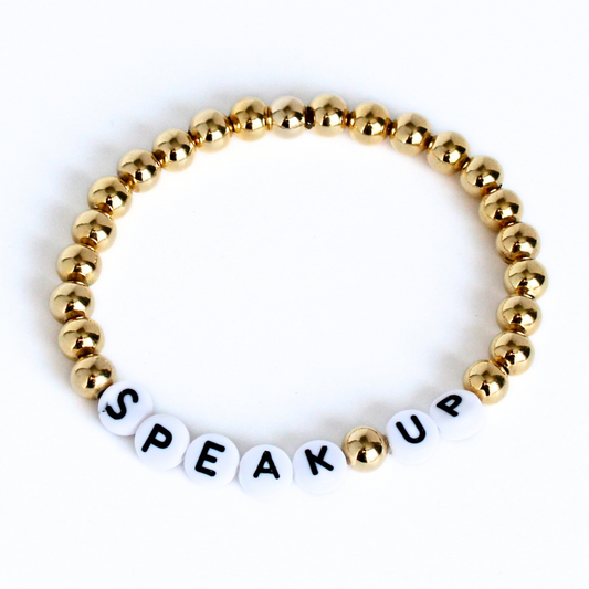 Speak Up 6mm Personalized Gold Beaded Bracelet with Round White Letter Beads