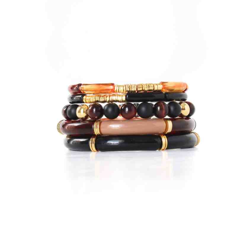 5-piece black and brown acrylic bracelet stack. Black and brown onyx and red's eye gemstone beaded bracelet with gold-filled round beads.