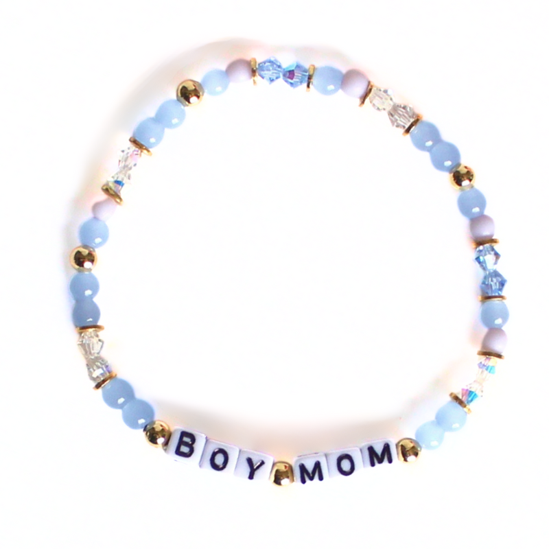Blue beaded boy mom bracelet with crystal and gold beads.