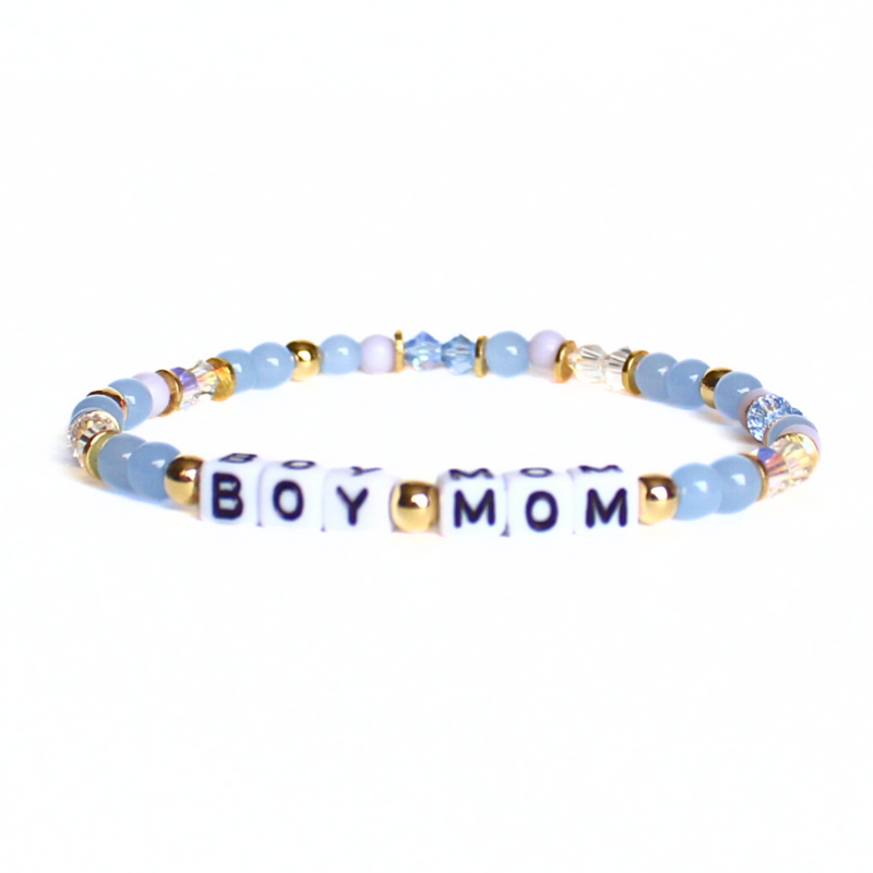 Dainty boy mom word bracelet. Designed with blue acrylic round beads and clear crystal beads. 4mm 18k gold filled beads and 4mm gold plated flat spacer beads.