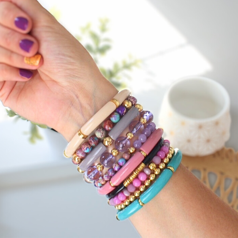 Chunky Purple Beaded Bracelet with 18k Gold Filled Beads