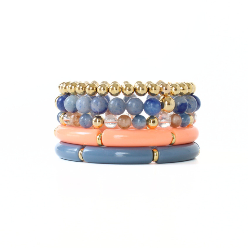 Blue, brown gemstone and 18k gold-filled beaded bracelet