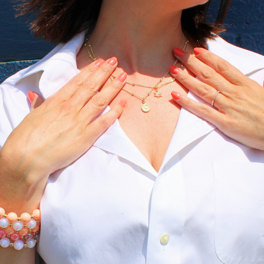 Elegant gold-filled satellite necklace with round opal charm.