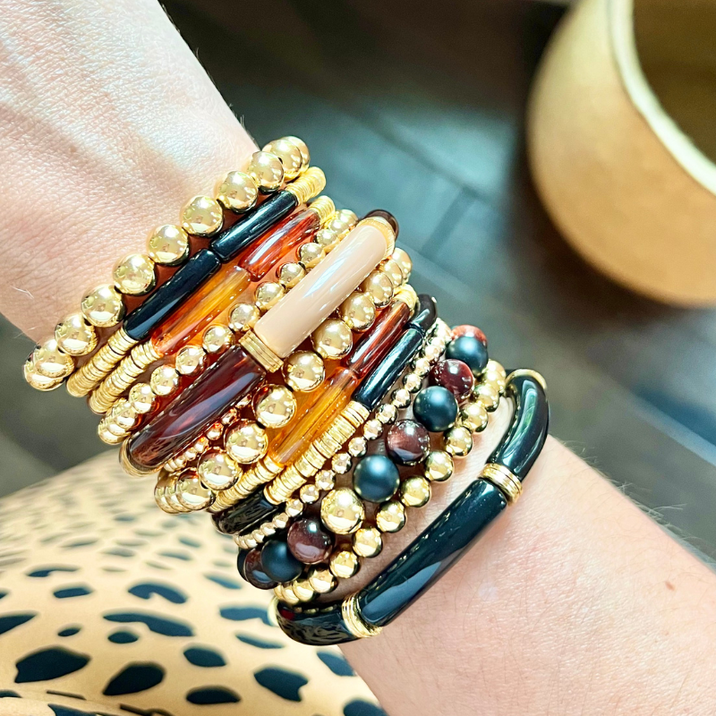Neutral brown, black and gold beaded bracelet stacks