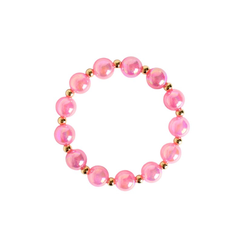 12mm large pink iridescent acrylic stretch beaded bracelet with 5mm 18k gold filled round beads alternating with each pink bead.