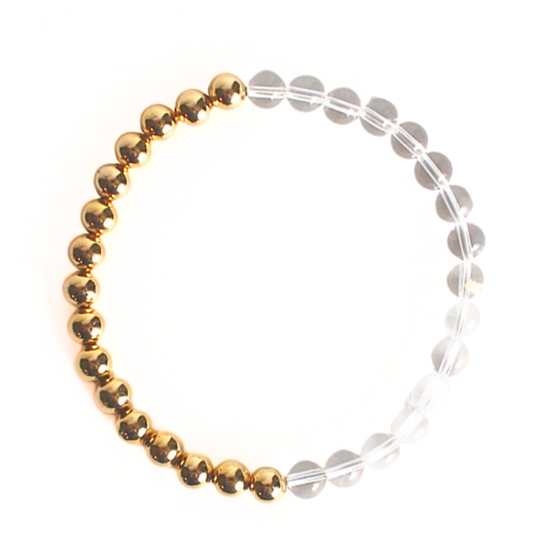 Beaded bracelet designed with half gold-filled beads and clear quartz gemestones