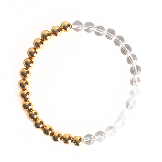 Beaded bracelet designed with half gold-filled beads and clear quartz gemestones