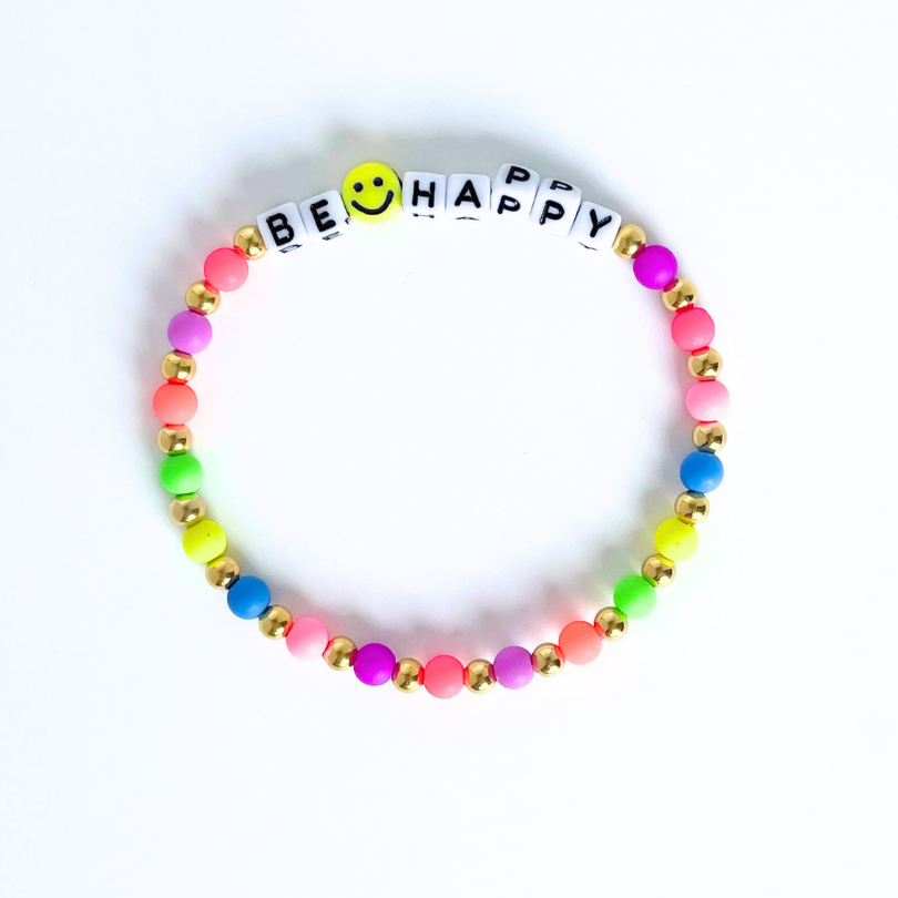 Rainbow beaded word bracelet with smiley face bead