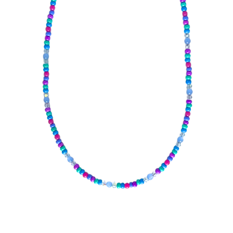 Dainty blue rainbow seed beaded layering necklace.  This necklace has a lobster gold-filled clasp with a gold-filled closed jump ring