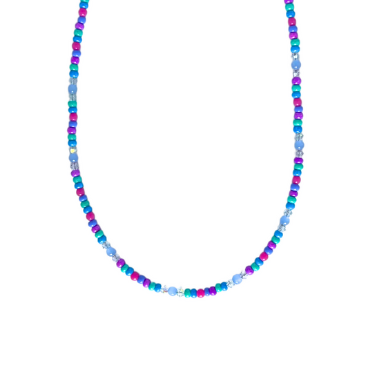 Dainty blue rainbow seed beaded layering necklace.  This necklace has a lobster gold-filled clasp with a gold-filled closed jump ring