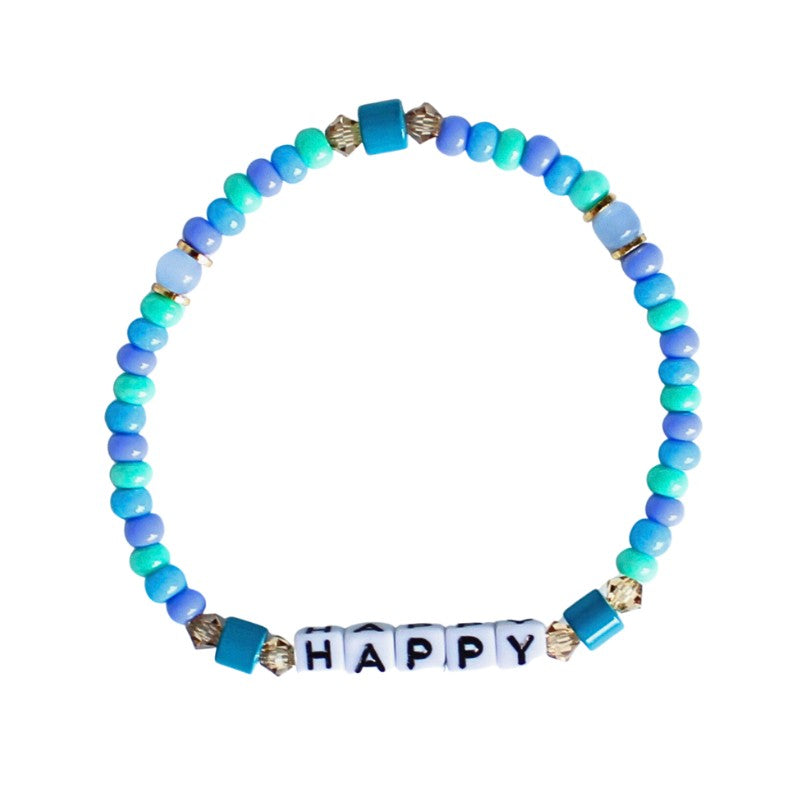 Dainty blue seed bead stretch bracelet with custom letter beads