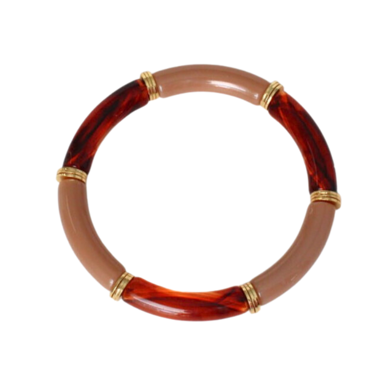 Two toned brown acrylic bangle bracelet. This bracelet is designed with a light camel brown acrylic bead and brown marble acrylic beads. Gold flat beads alternate each tube bead
