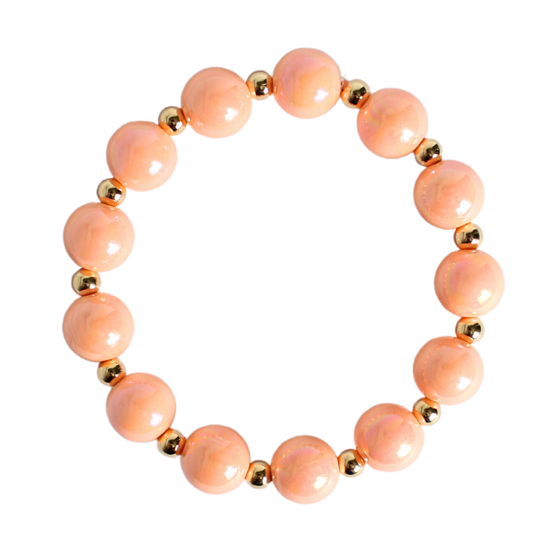12mm large peach iridescent acrylic stretch beaded bracelet with 5mm 18k gold filled round beads alternating with each peach bead.