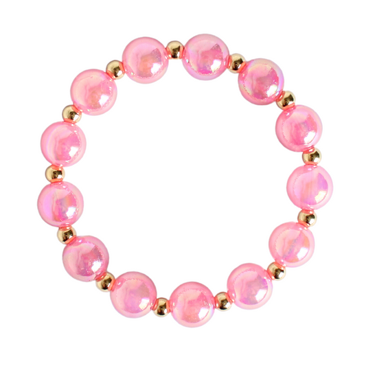 12mm large pink iridescent acrylic stretch beaded bracelet with 5mm 18k gold filled round beads alternating with each pink bead