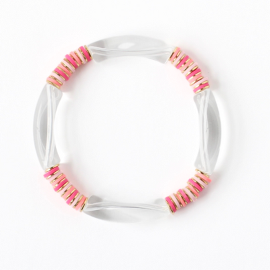 Clear acrylic bangle with pink rainbow polymer clay heishi beads and gold flat beads