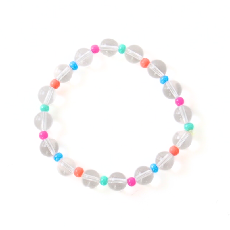 Clear quartz round beaded bracelet with rainbow seed beads