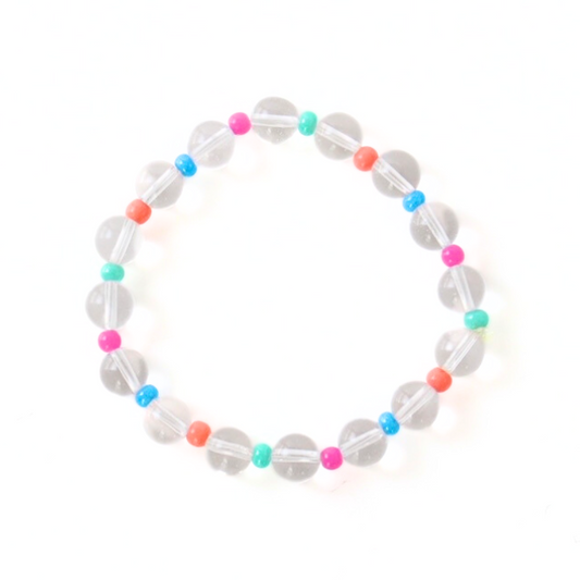 Clear quartz round beaded bracelet with rainbow seed beads